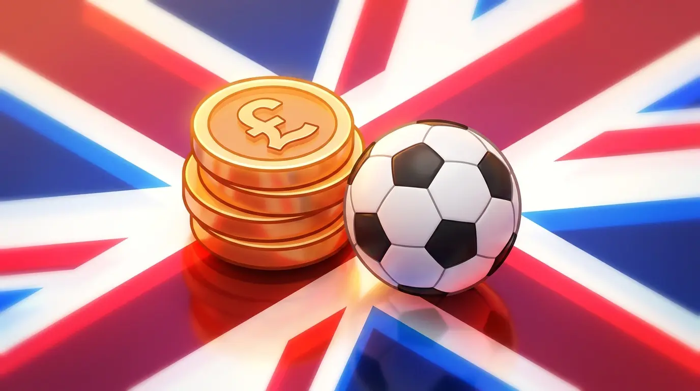 British coins stacked beside football in patriotic lighting