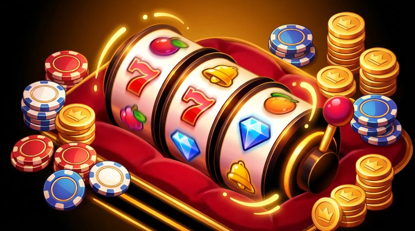 Spinning slot reels with casino chips and coins in UK colors
