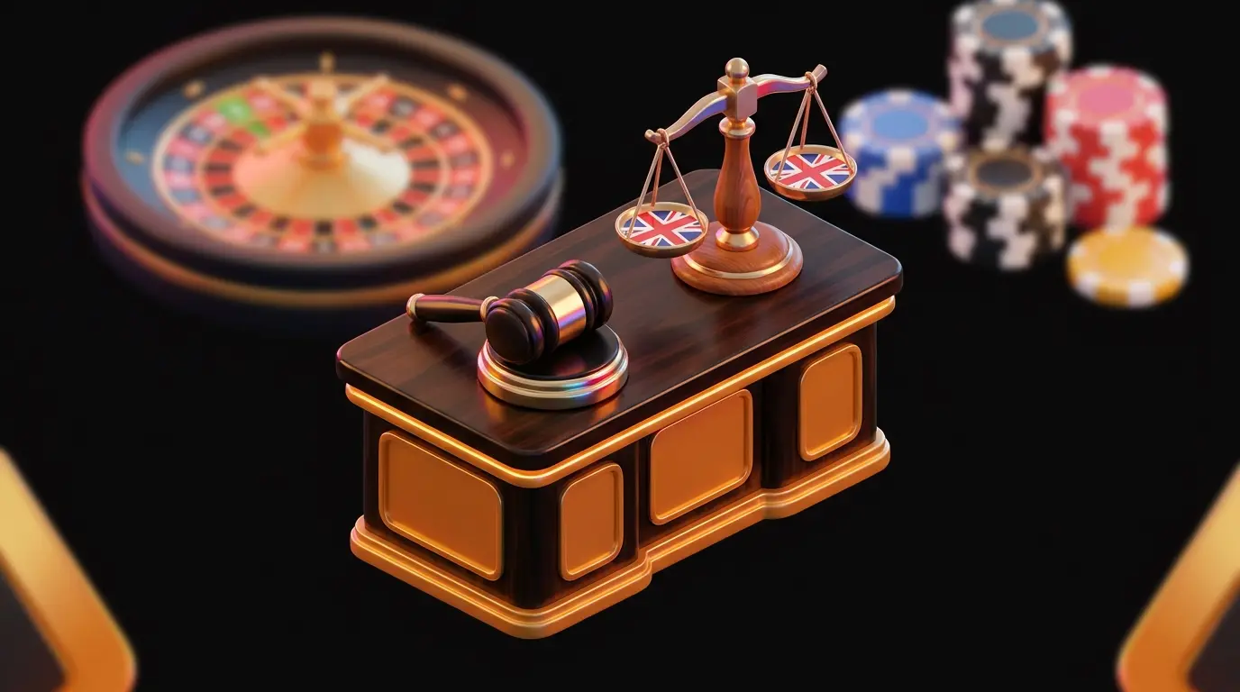 Gavel and scales with British colors and gambling elements in background