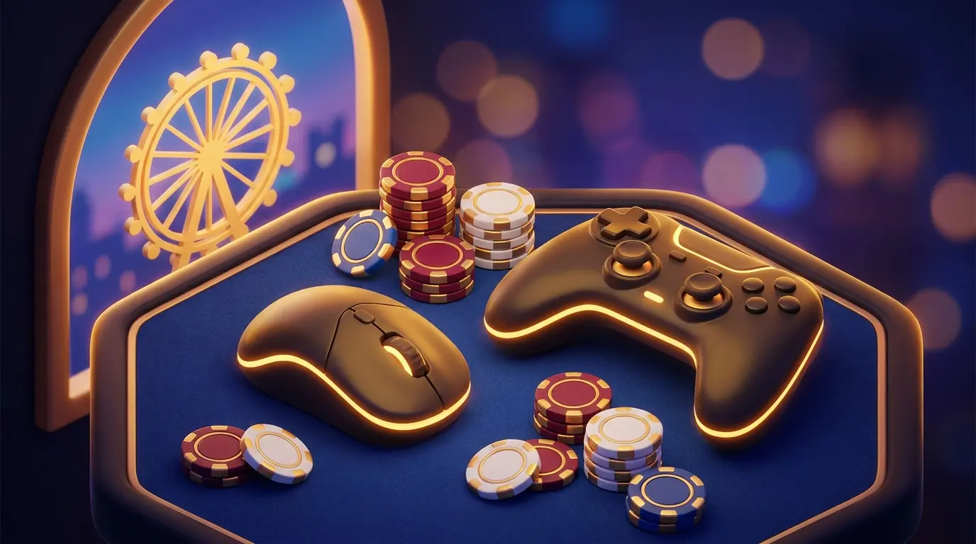 Gaming equipment with poker chips and London skyline background