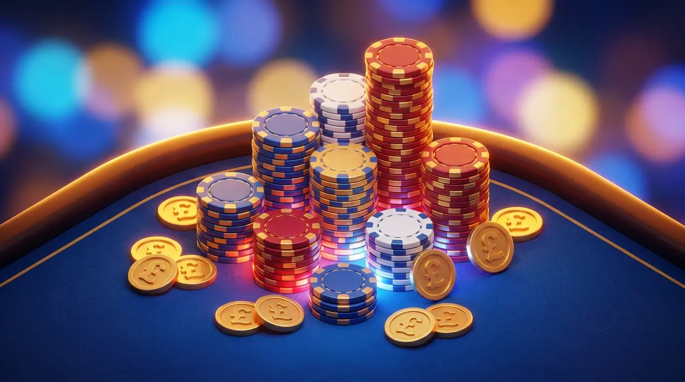 Casino chips and coins arranged with British flag lighting