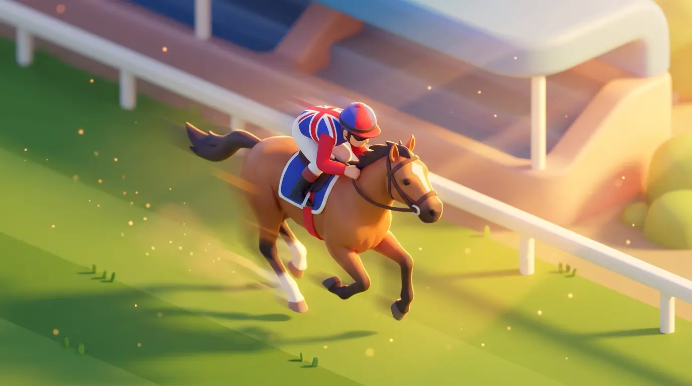 Racing horse in motion with British jockey colors at sunset