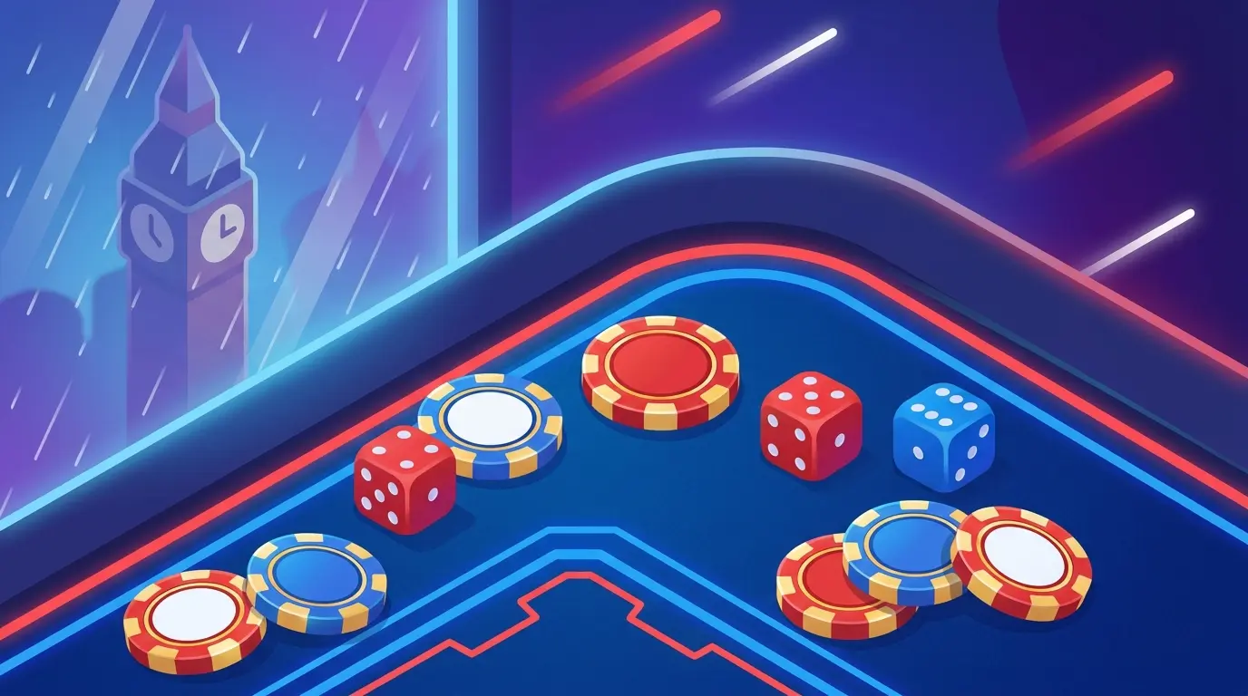 British-themed casino scene with poker chips and London landmark silhouette
