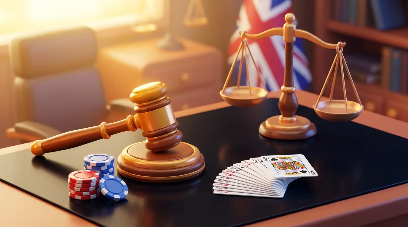 Gavel, poker chips and scales symbolizing UK betting legislation
