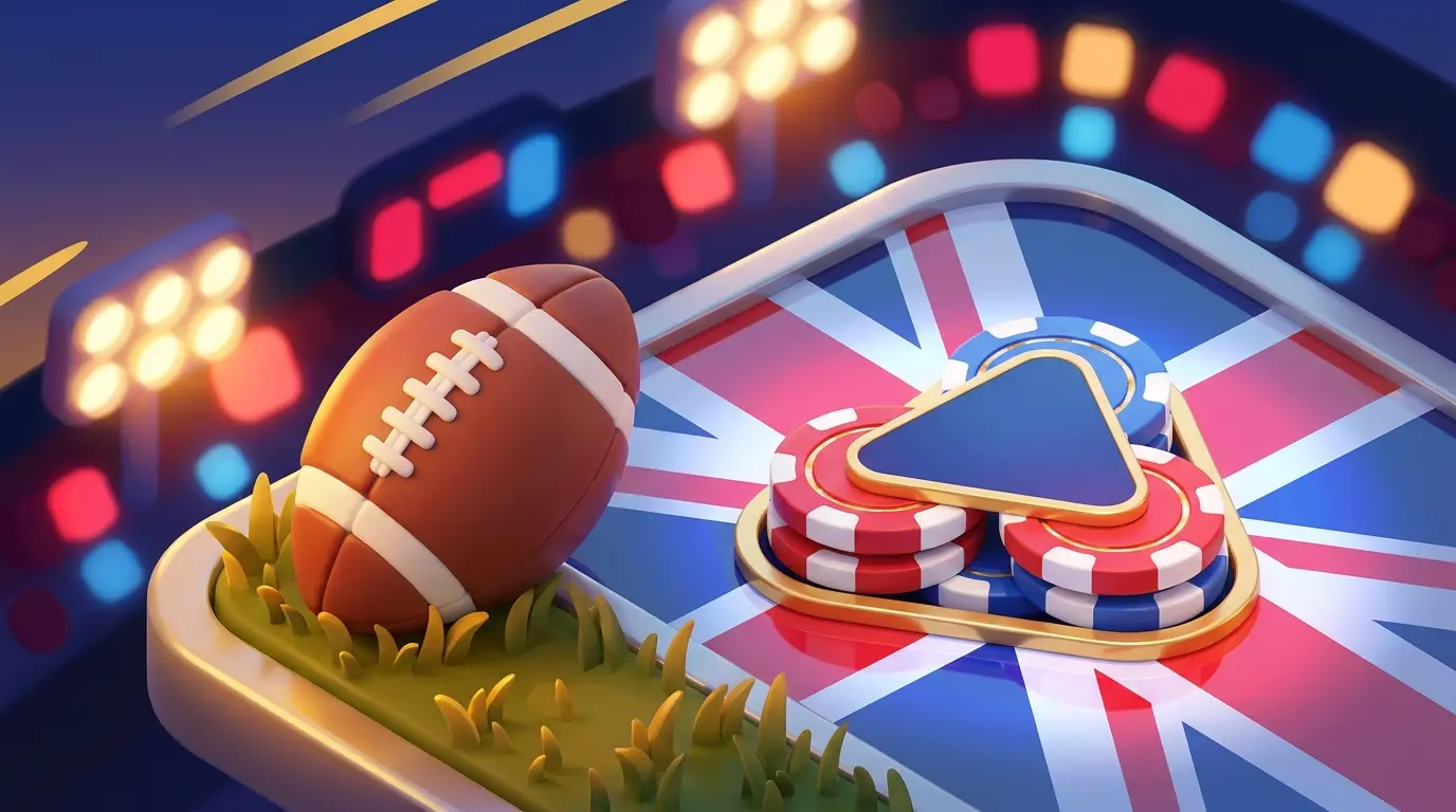 Football and poker chips with UK themed lighting and stadium atmosphere