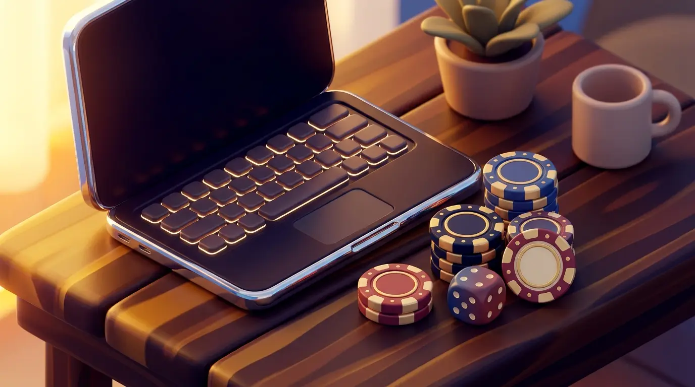Poker chips and dice on laptop keyboard representing UK online betting