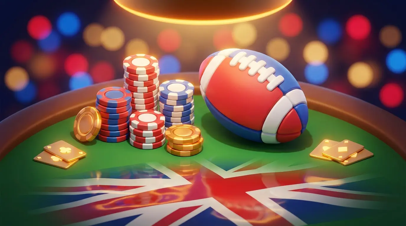 Poker chips and football with UK colors on betting table