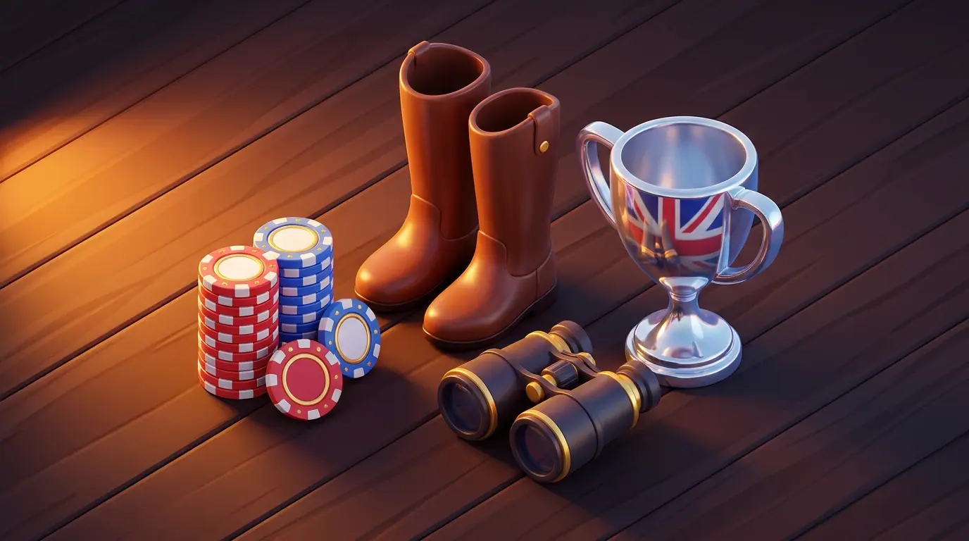 Betting chips with riding boots and trophy in British racing theme