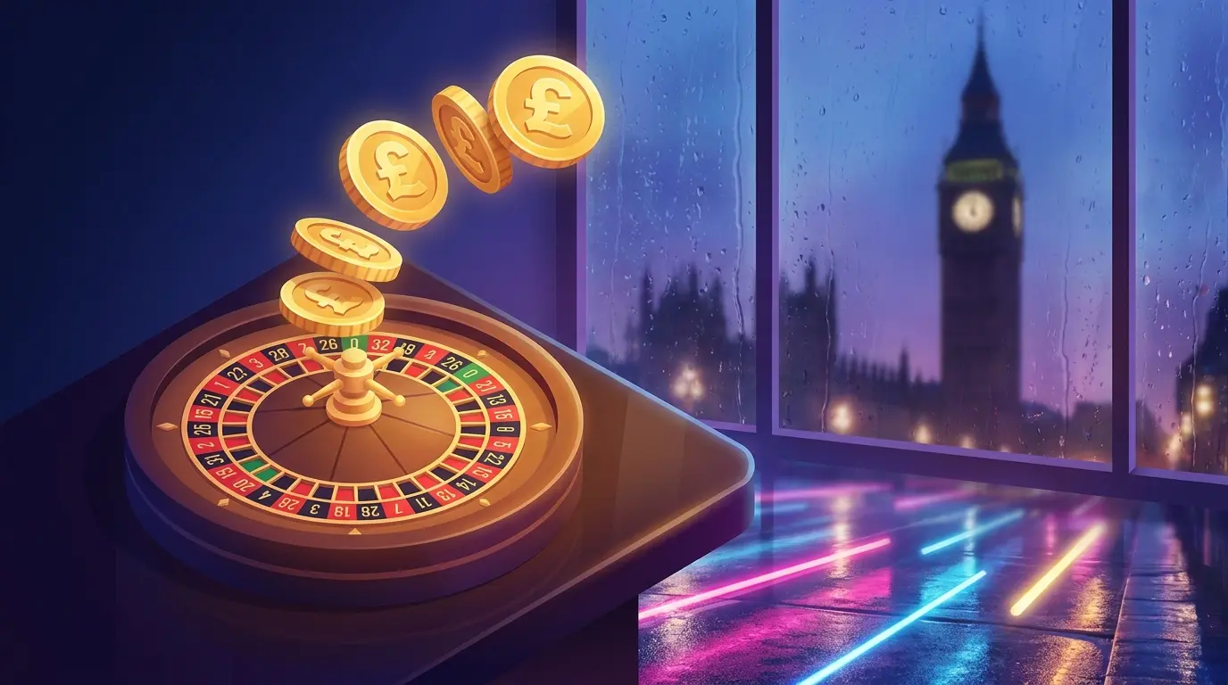 Coins falling onto roulette wheel with London backdrop