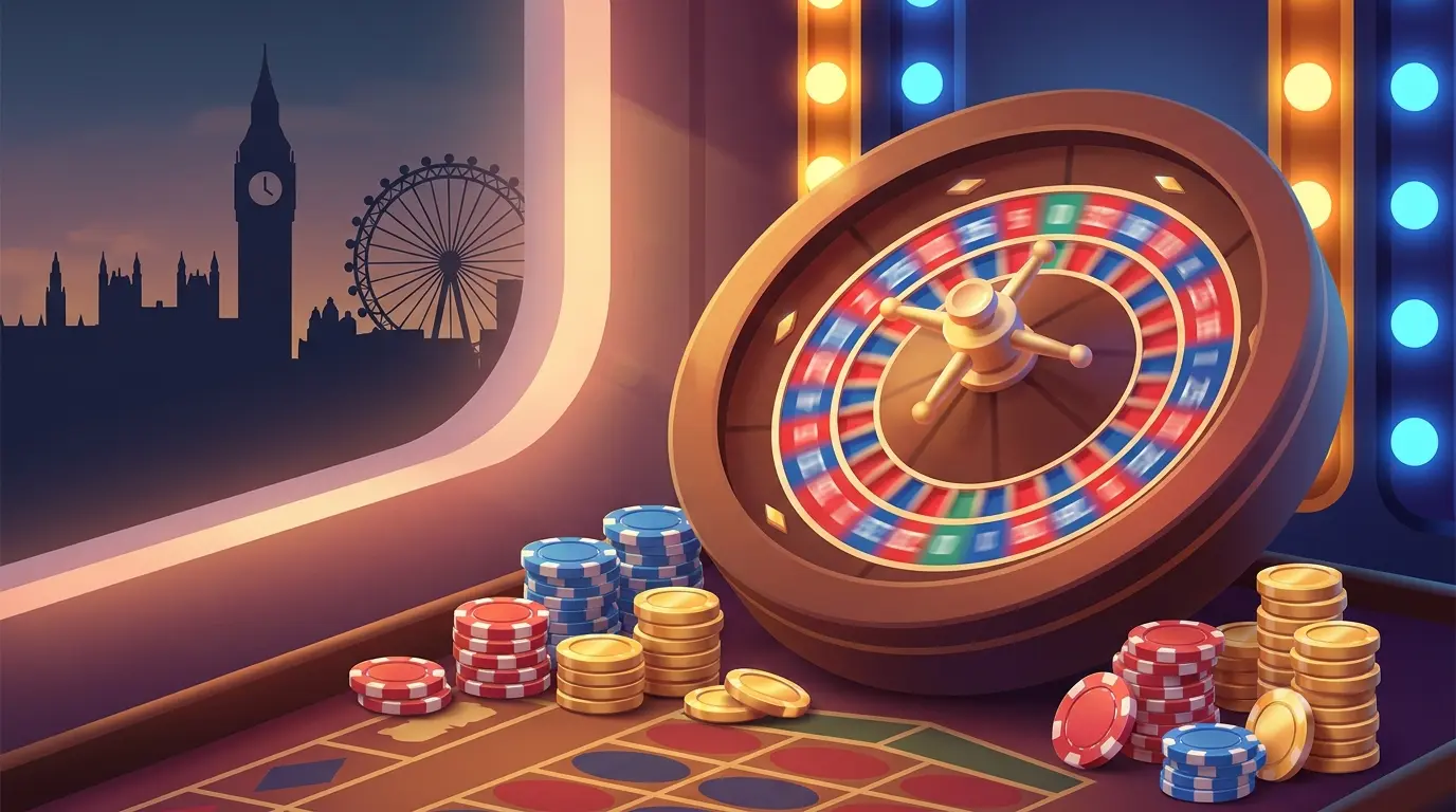 Roulette wheel with British themed casino atmosphere and London skyline