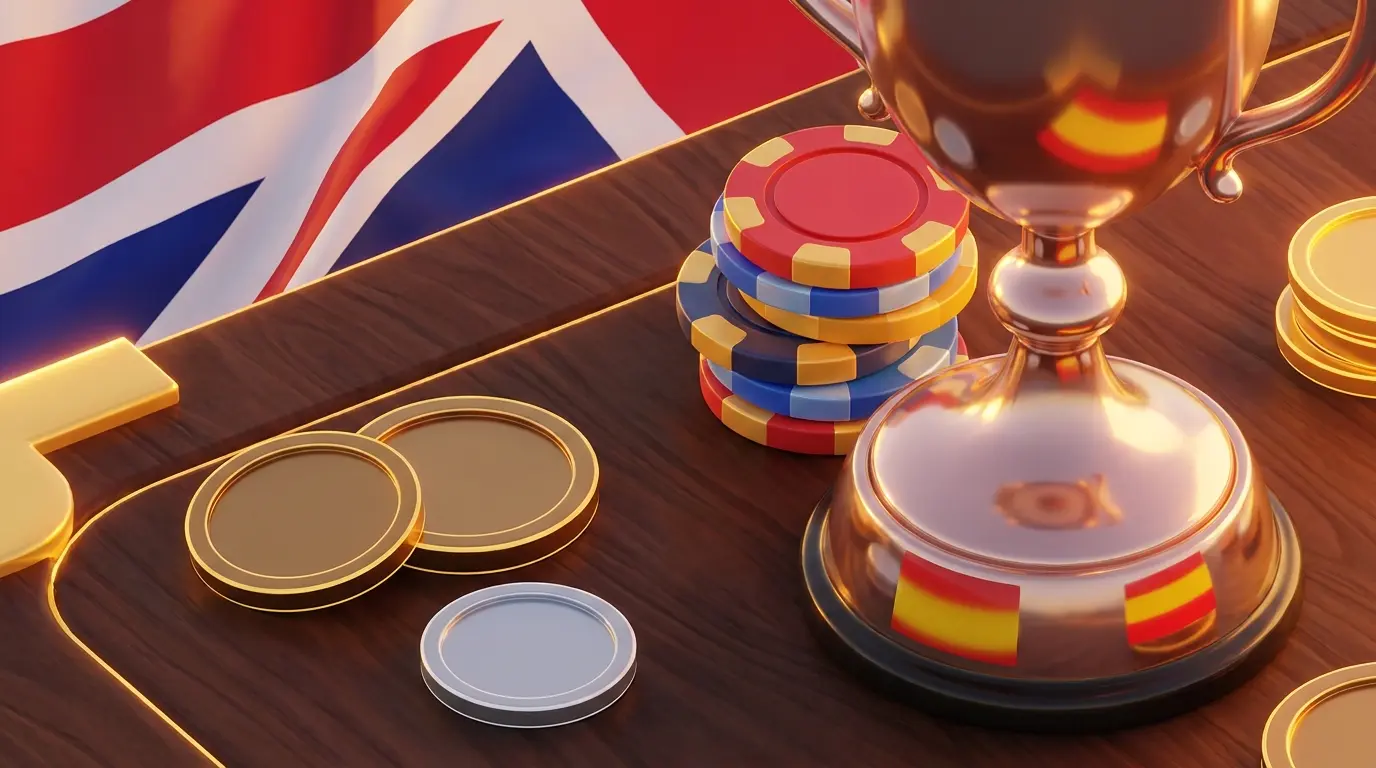 Poker chips and coins with Spanish and British elements