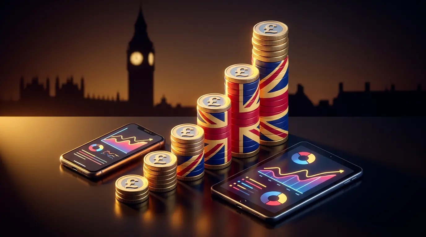 Rising stacks of British pound coins with London skyline background
