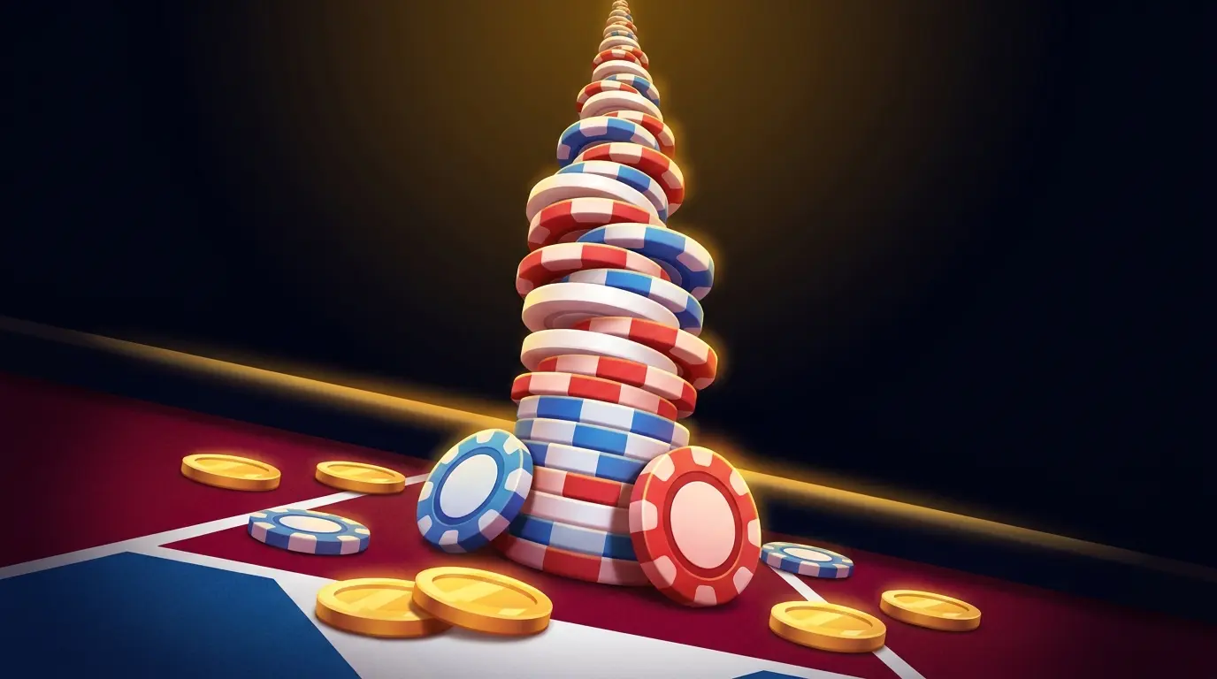 Unlimited stack of casino chips in UK colors reaching skyward