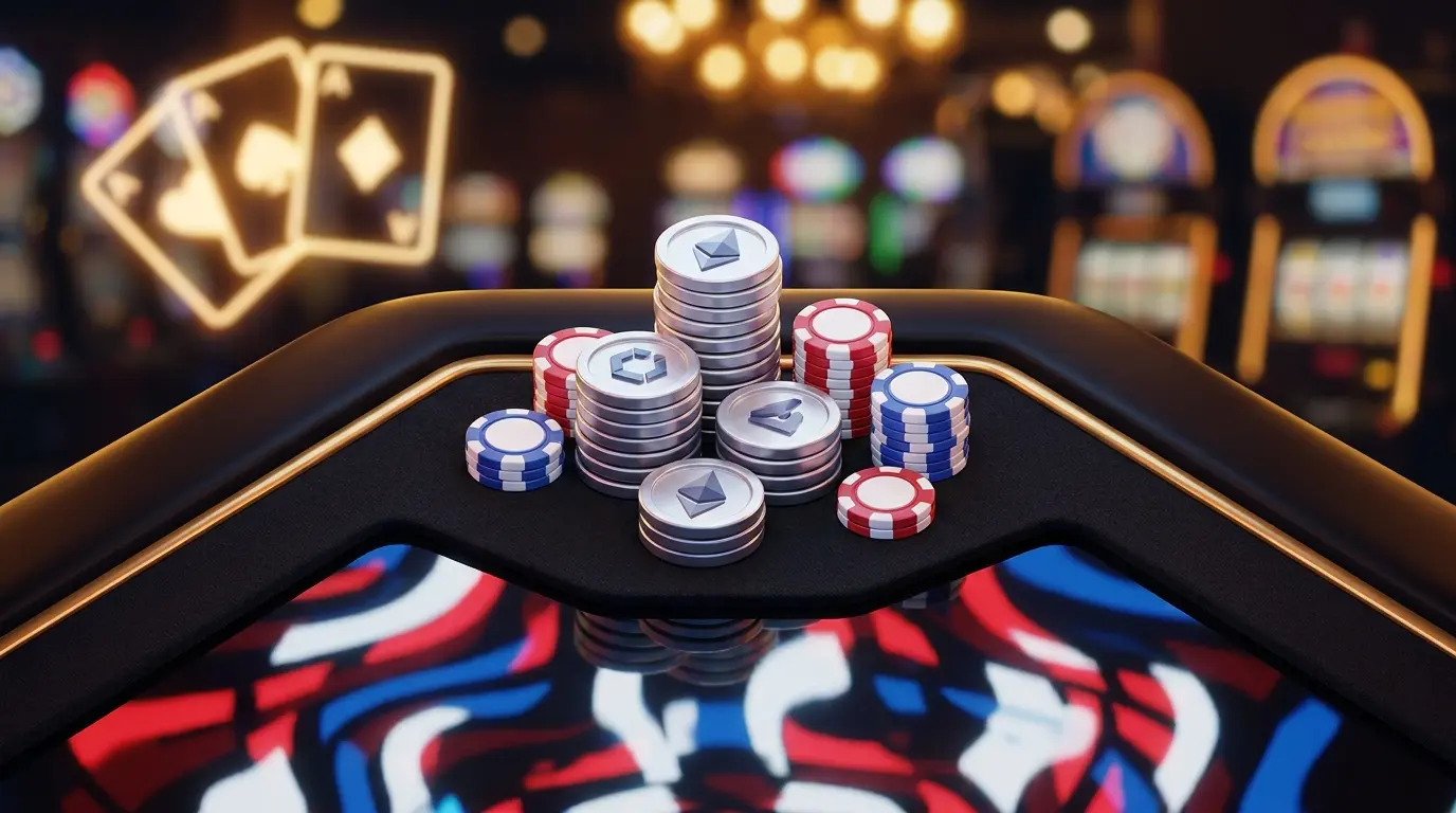 Cryptocurrency coins and poker chips with British color scheme
