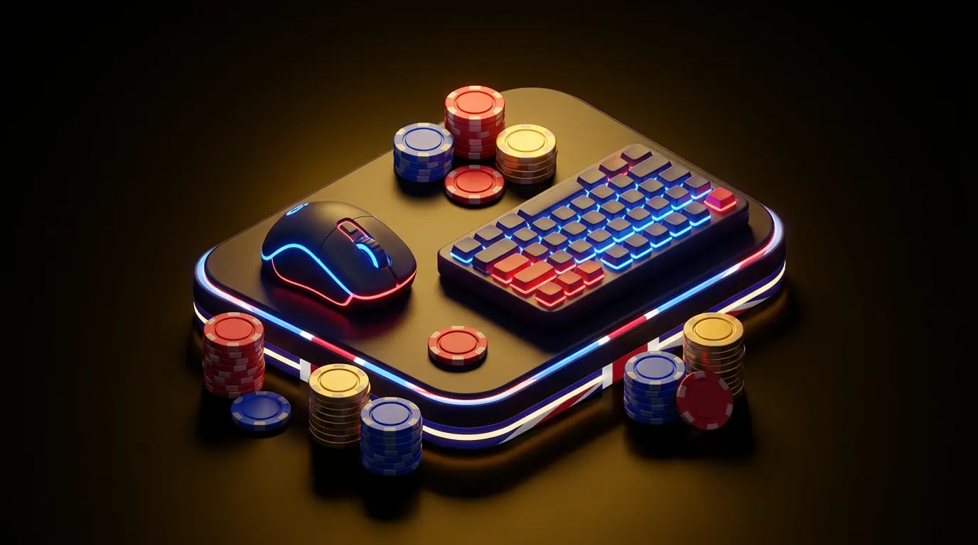 Gaming setup with UK colors and betting chips in atmospheric lighting