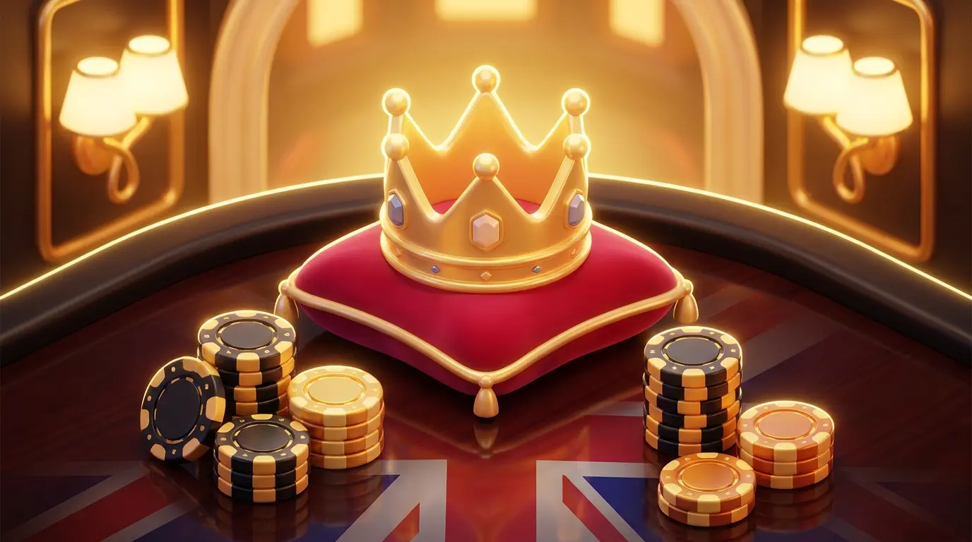 Golden crown on red velvet with poker chips and British colors