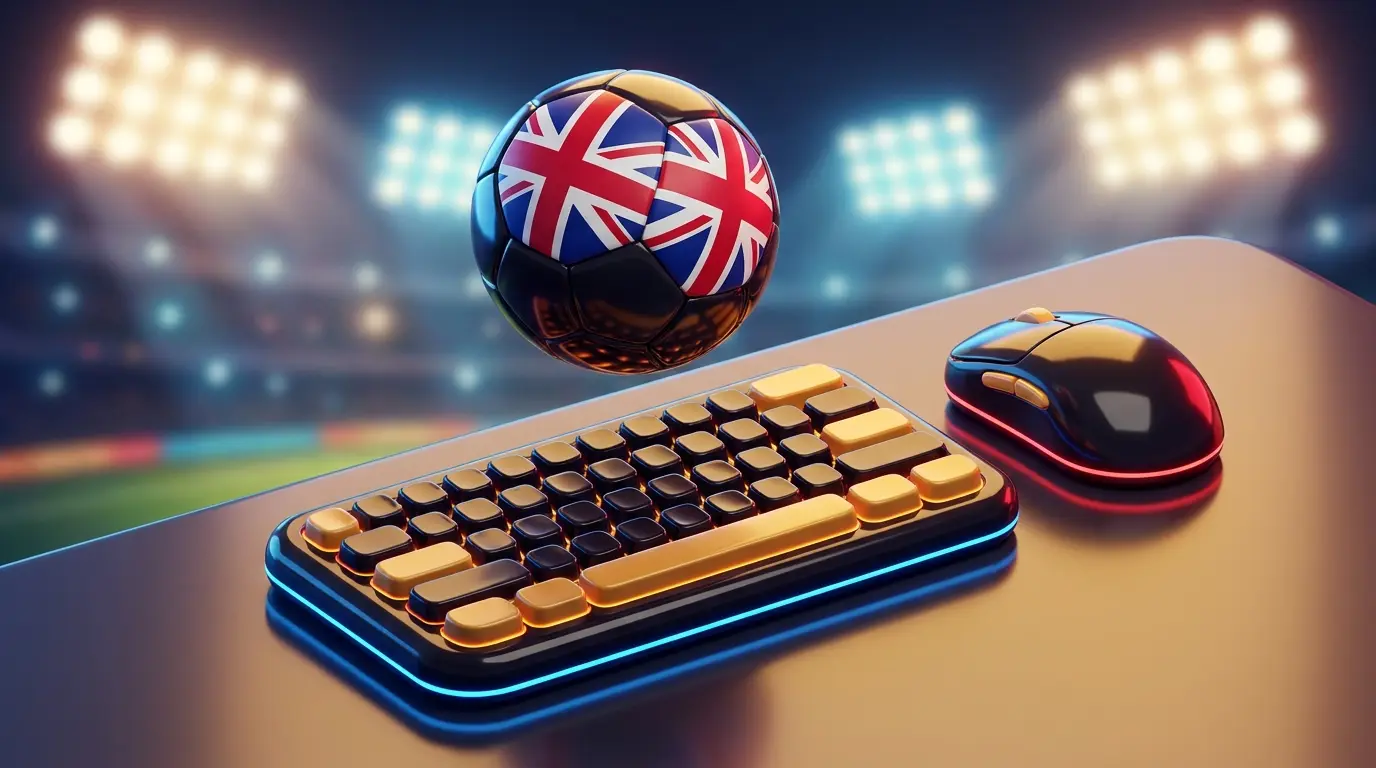 Football hovering over computer setup with British flag colours