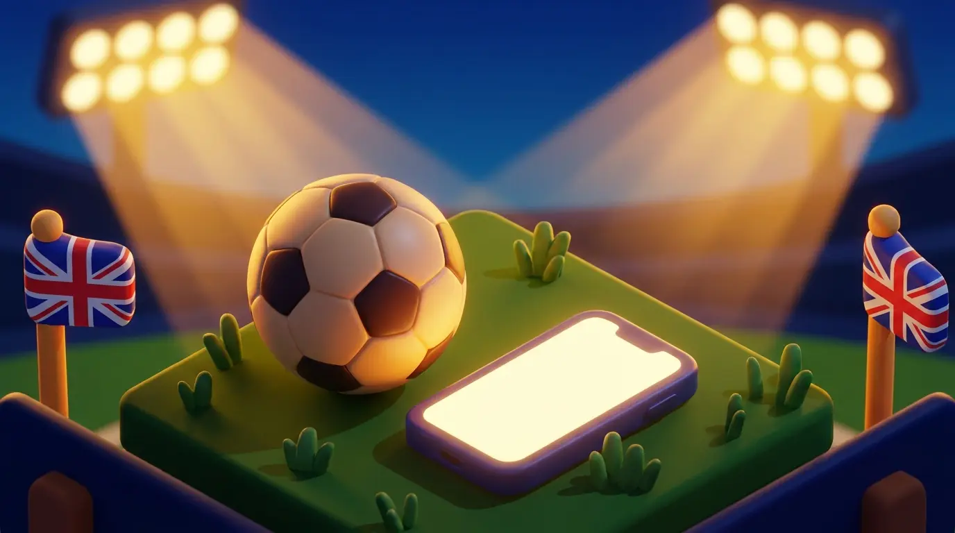 Football on pitch with smartphone and British stadium atmosphere