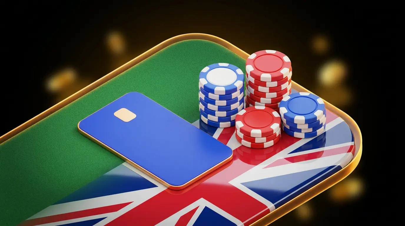Credit card with poker chips in British colors on casino felt