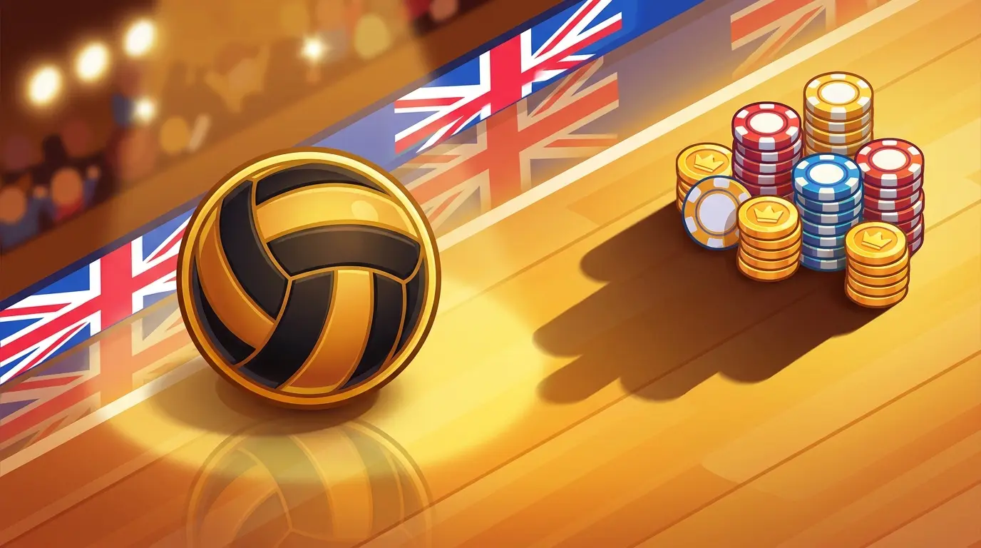 Volleyball with British-themed poker chips on glossy court surface