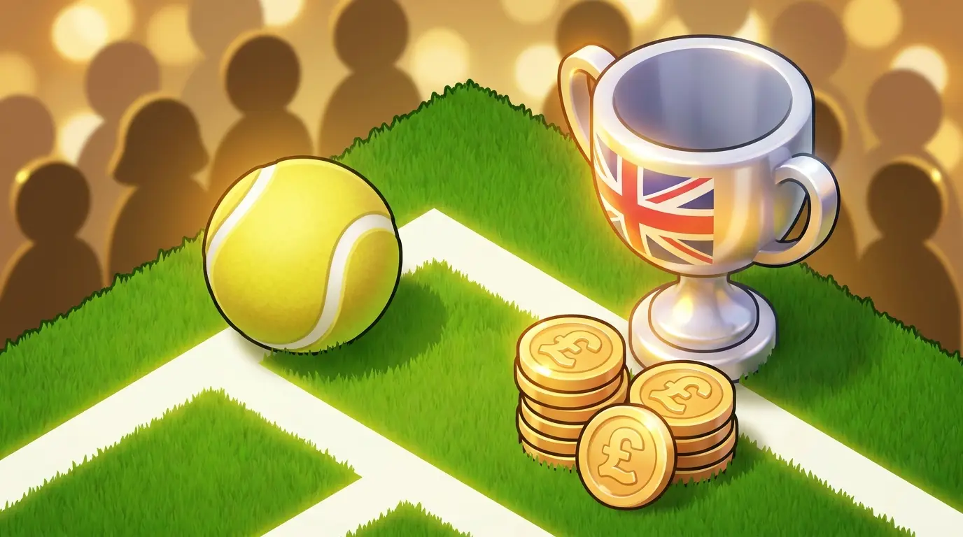 Tennis ball with trophy and British pound coins on Wimbledon grass court