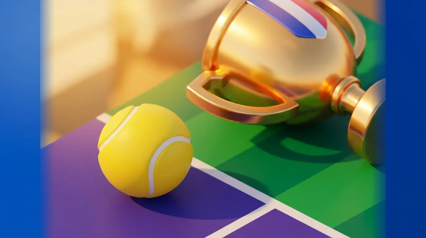 Tennis ball on grass court with trophy and British color accents