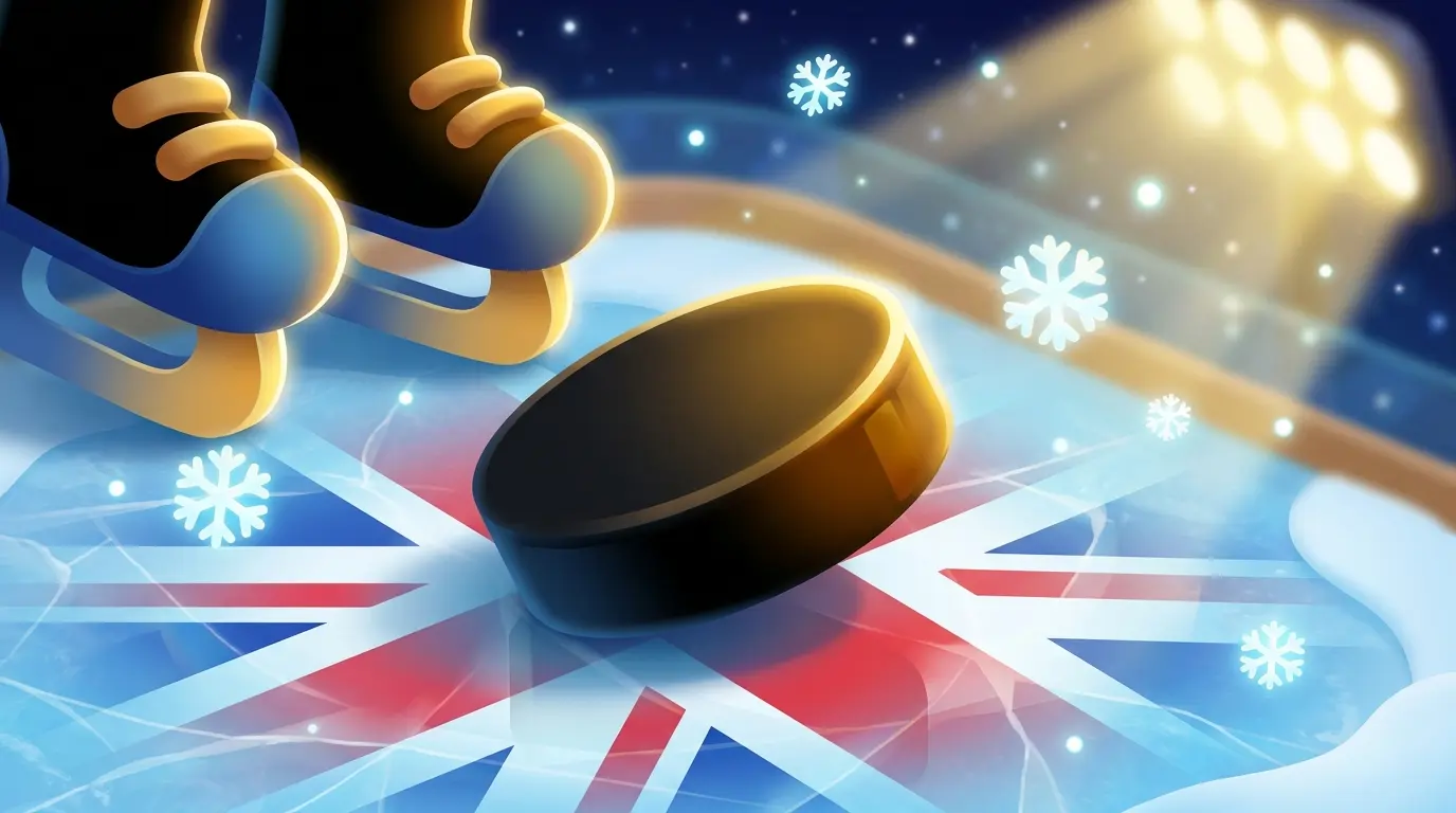 Hockey puck on ice with British colors and winter sports equipment