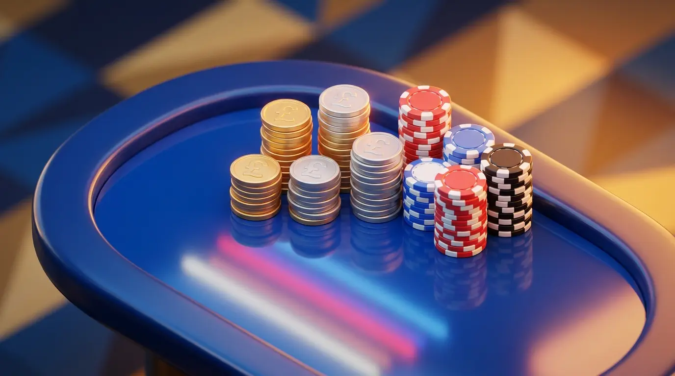 British pound coins and casino chips in elegant composition