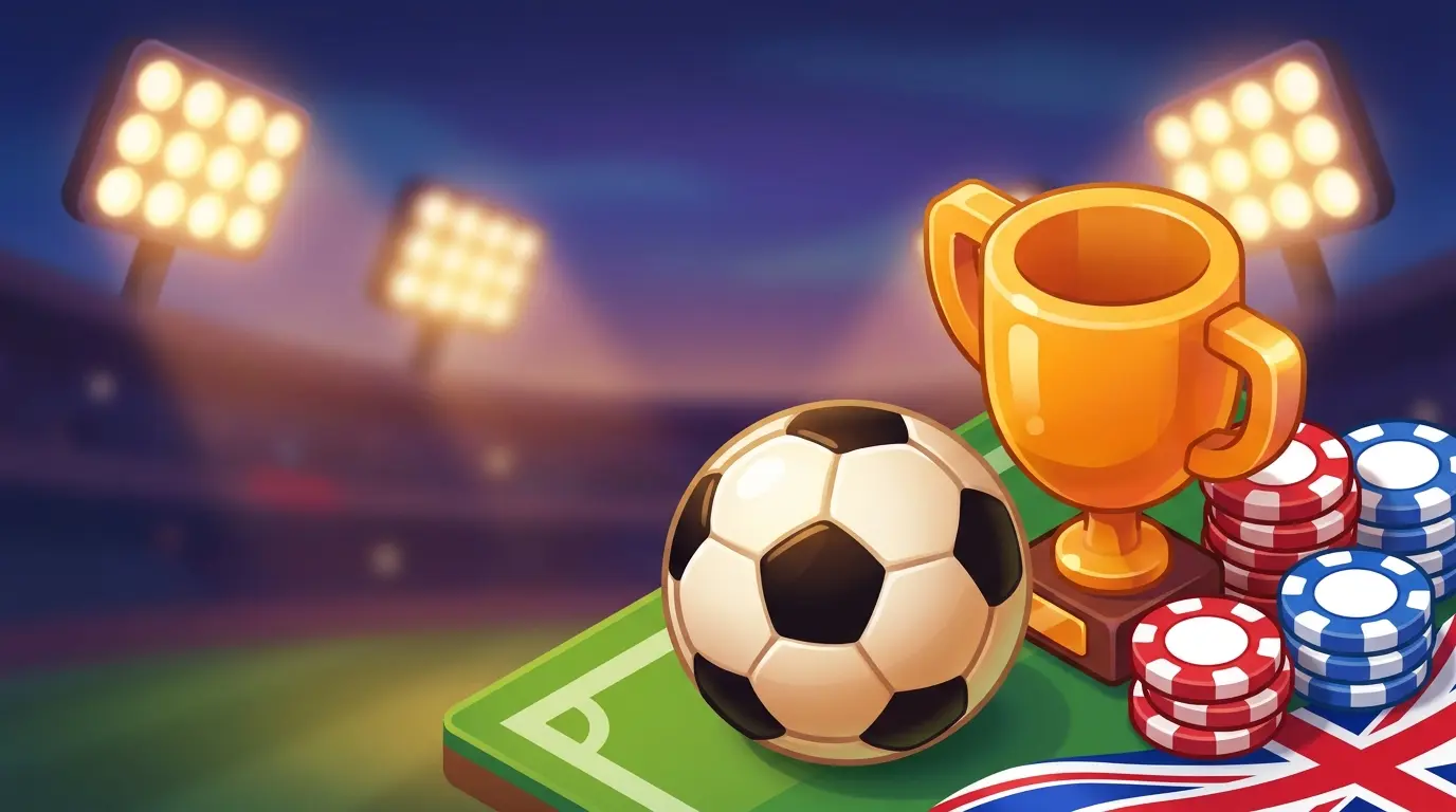 Football and trophy with betting chips in UK colors under stadium lights